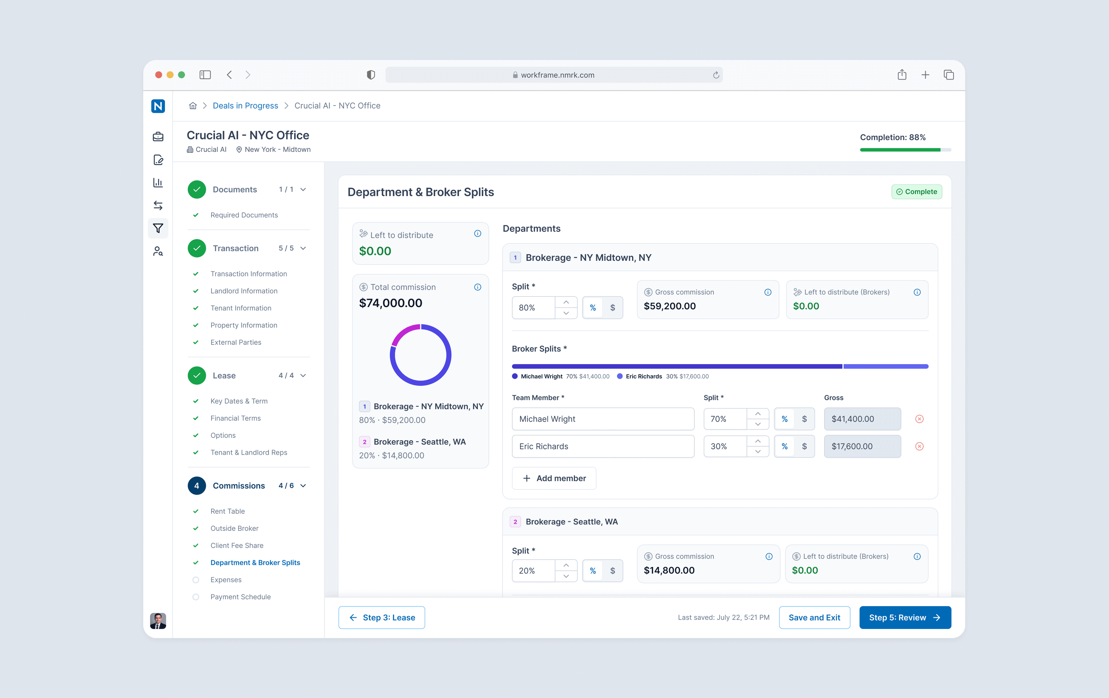 Department & Broker Splits screen, showing the donut chart and segmented bars