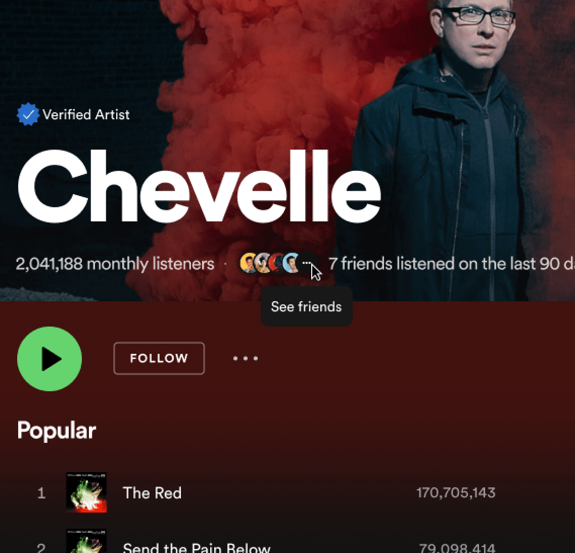 Chevelle artist page showing friend avatars next to listener count
