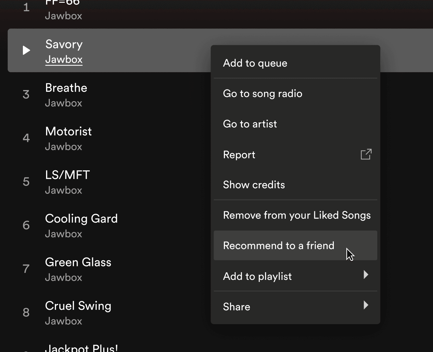 Track action menu with Recommend to a friend option