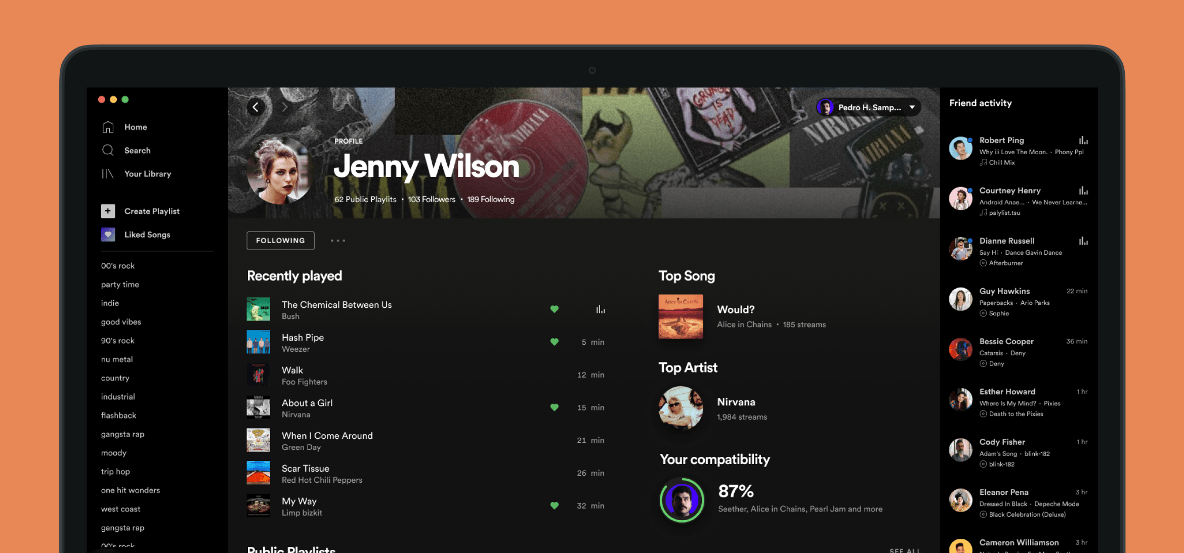 Enhanced profile showing recently played, top song/artist, and 87% compatibility score