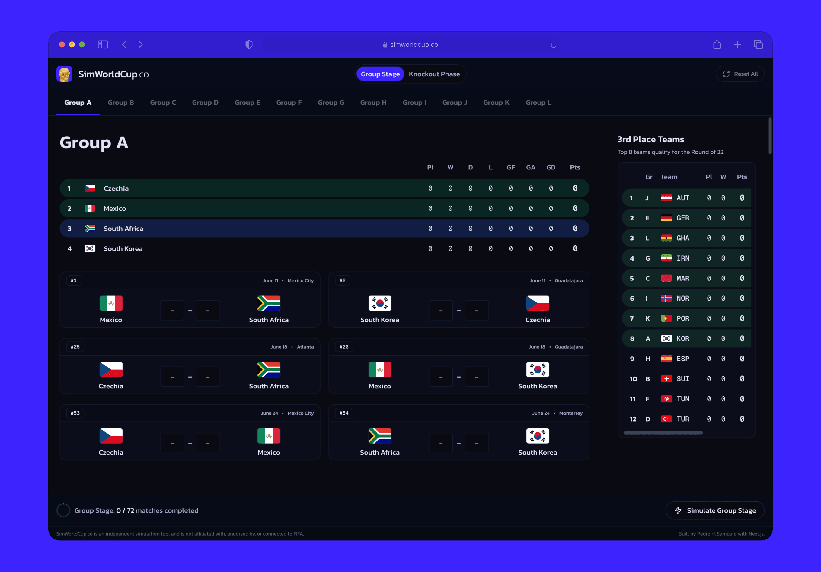 Group Stage — desktop view, Group A standings and match cards