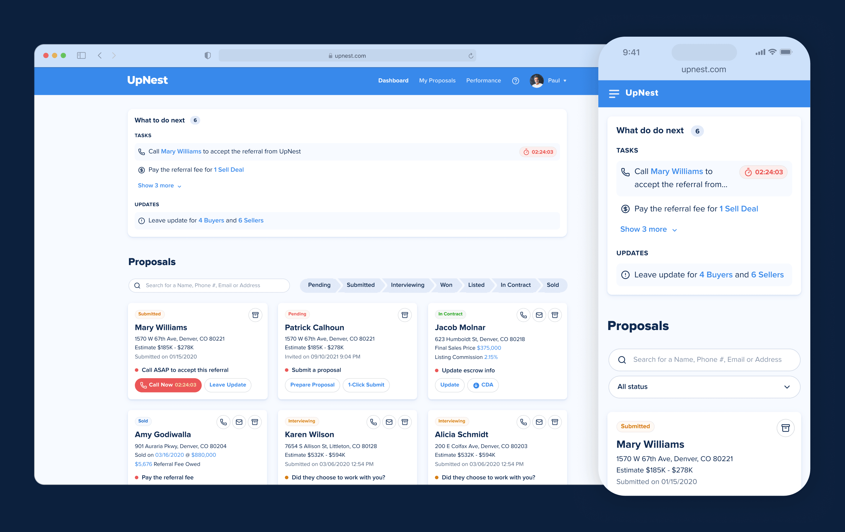 UpNest agent dashboard