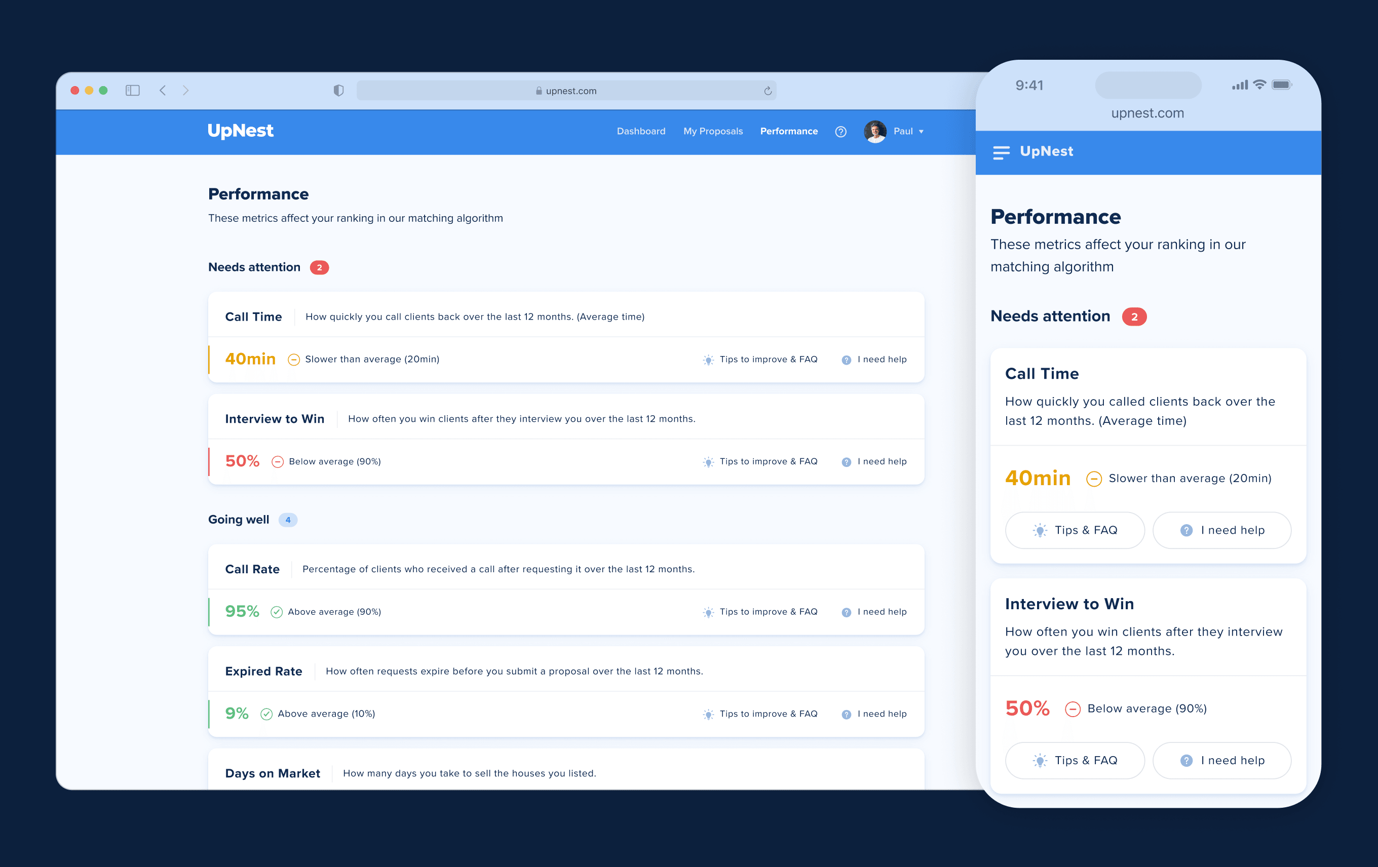 UpNest agent performance page