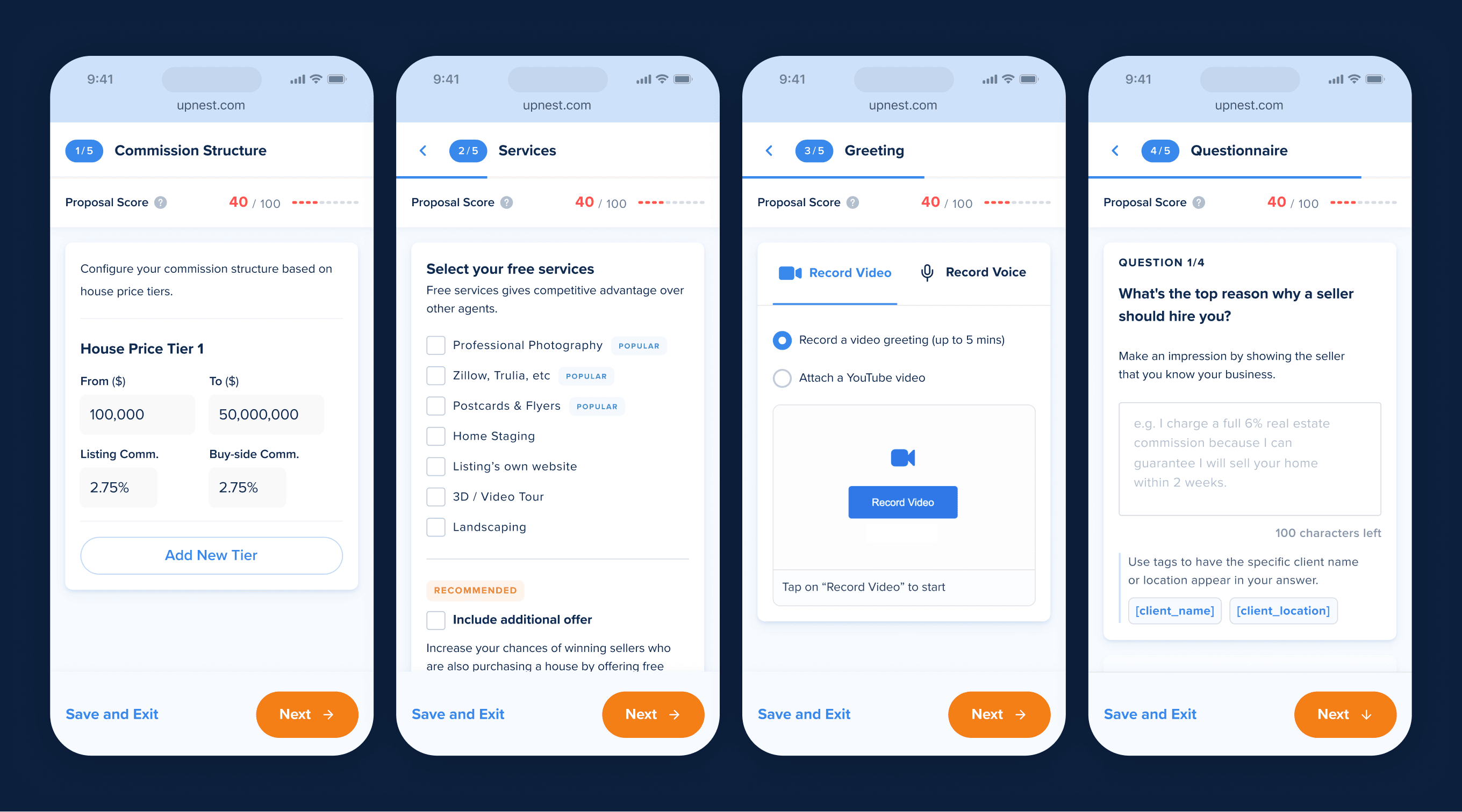 UpNest proposal setup flow