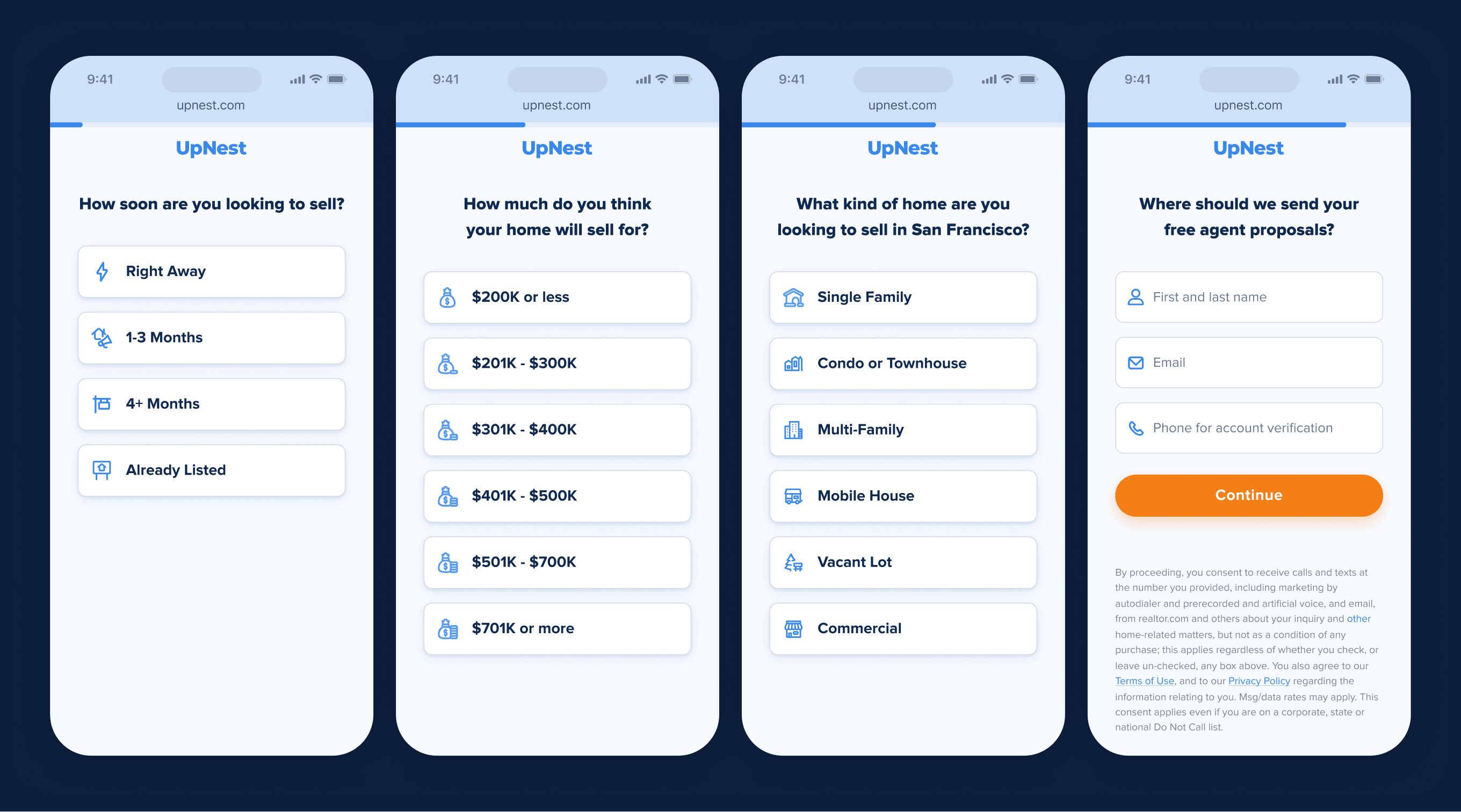 UpNest request questionnaire steps